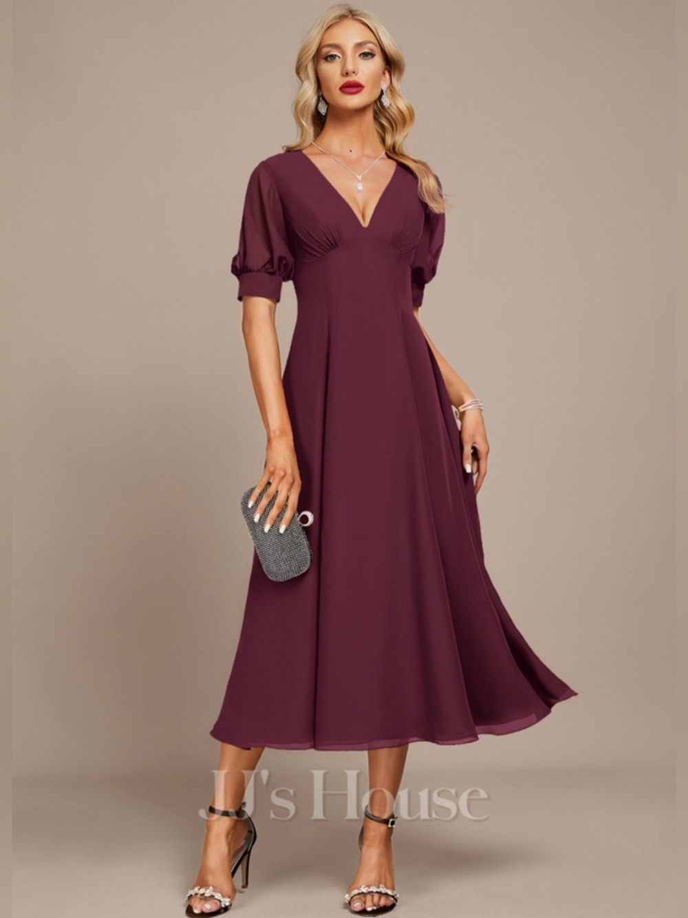 NWT JJ's House Wioletta‎ Cabernet Pleated Chiffon Midi Cocktail Dress 8